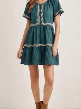 Madewell Teal Short Sleeve Tiered Mini Dress with Trim